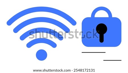 Large blue wireless signal icon next to a blue padlock symbol with a keyhole. Ideal for telecommunications, cybersecurity, internet safety, data protection, and network security themes. Simple vector
