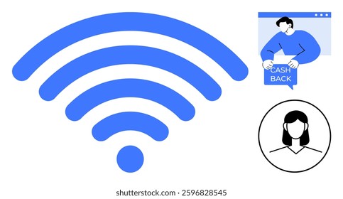 Large blue wireless signal symbol next to a person holding a cash back sign and a female user profile icon. Ideal for technology, online transactions, customer incentives, internet connectivity, user