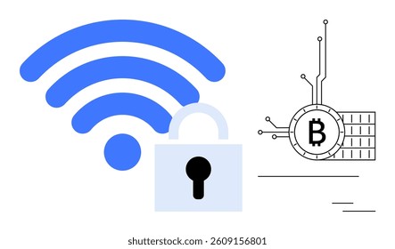 A large blue wireless signal symbol with a padlock conveys network security, while a Bitcoin symbol represents blockchain technology. Ideal for cybersecurity, blockchain, cryptocurrency, data