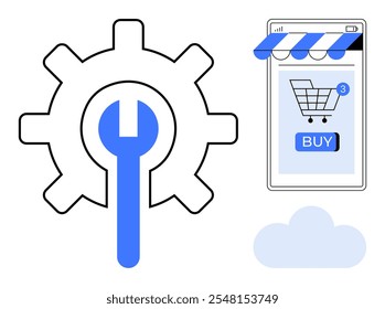 Grande llave azul dentro del engranaje que representa la herramienta y las Configuraciones. Pantalla de smartphone con Carrito de compras y comprar Botón. Icono de la nube en la parte inferior. Ideal para comercio electrónico, desarrollo de App, compras en línea, nube