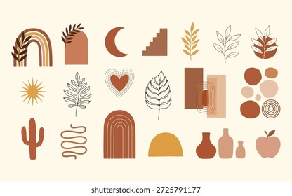 Grande conjunto bohemio con cerámica de terracota, arco iris, fases lunares, cactus y hojas orgánicas.