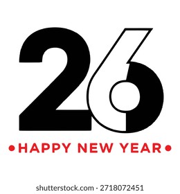 Un Grande número veintiséis en blanco y negro en negrita sobre un fondo blanco puro con texto rojo debajo que dice Feliz Año Nuevo en una simple fuente sans serif