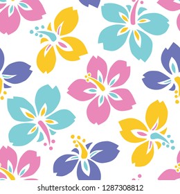 Large Bold Colorful Tropical Exotic Hibiscus Floral Vector Seamless Pattern. Oversize Lush Tropical Blooms