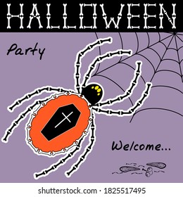 Large bone spider on spiderweb invites for halloween party. Inscription Halloween of bone letters is above, remains of a fly is down below. Purple backdrop. Can be used as sticker or invitation.Vector