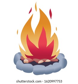 large bonfire lined with stones burns brightly, isolated object on a white background
