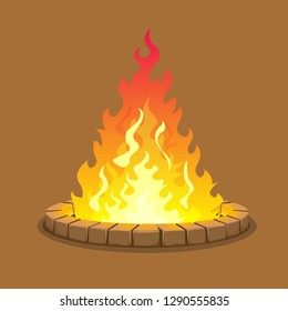 Large bonfire surrounded by stones isolated on brown background