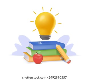 A large book is piled up, and a light bulb is lit on top of the book. School and education icons. Back to school, the students bookshelf. 3D simple vector illustration. Time to school. School supplies