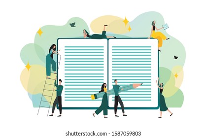 Large book and small people. Concept design with paper book