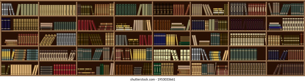 Large bookcase in the library, shop with many different books. Vector background from books. Bookshelf.