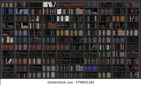 Large bookshelf in the library with many different books. Huge bookcase. Background from books.
