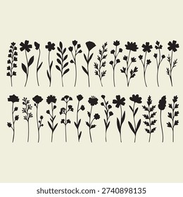 Large botanical flower silhouette vector set featuring various wildflowers, leaves, branches, stems, and garden plants in solid black style. Clean minimal flat design isolated on light background. Perfect for wedding invitations, logo design, packaging, wall art, stickers, branding, scrapbooking, pattern design, and decorative projects. Editable vector illustration ready for commercial use.