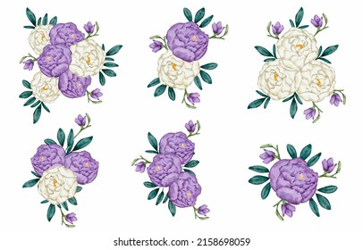 Large Botanical set of wild flowers. Set of Separate parts and bring together to beautiful bouquet of flowers in water colors style on white background, flat vector illustration
