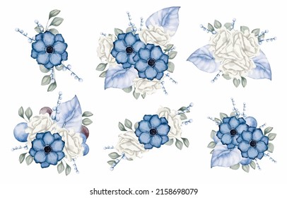 Large Botanical set of wild flowers. Set of Separate parts and bring together to beautiful bouquet of flowers in water colors style on white background, flat vector illustration