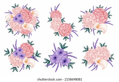 Large Botanical set of wild flowers. Set of Separate parts and bring together to beautiful bouquet of flowers in water colors style on white background, flat vector illustration