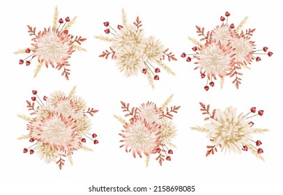 Large Botanical set of wild flowers. Set of Separate parts and bring together to beautiful bouquet of flowers in water colors style on white background, flat vector illustration