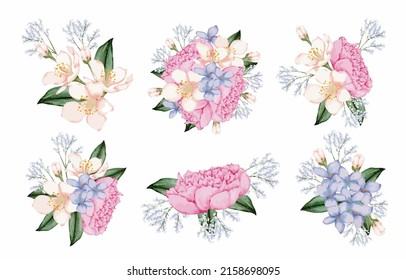 Large Botanical set of wild flowers. Set of Separate parts and bring together to beautiful bouquet of flowers in water colors style on white background, flat vector illustration