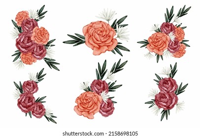 Large Botanical set of wild flowers. Set of Separate parts and bring together to beautiful bouquet of flowers in water colors style on white background, flat vector illustration
