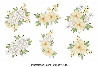 Large Botanical set of wild flowers. Set of Separate parts and bring together to beautiful bouquet of flowers in water colors style on white background, flat vector illustration