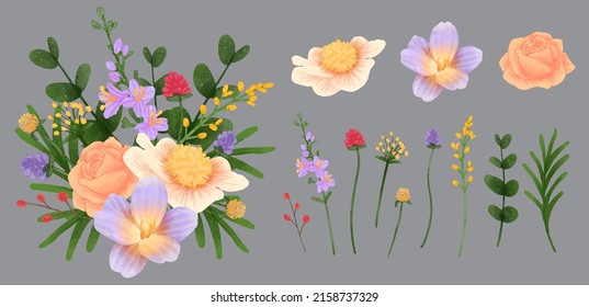 Large Botanical set of wild flowers. Set of Separate parts and bring together to beautiful bouquet of flowers in water colors style on white background, flat vector illustration