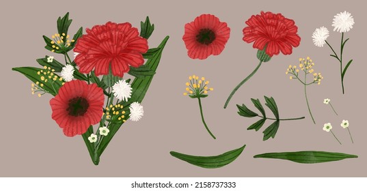 Gran conjunto botánico de flores silvestres. Conjunto de partes separadas y juntar a un hermoso ramo de flores en color agua estilo sobre fondo blanco, ilustración vectorial plana