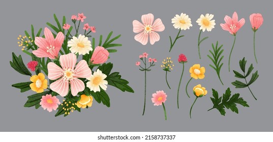 Grosser botanischer Blumenbestand. Set von getrennten Teilen und bringen Sie zu einem schönen Blumenstrauß in Aquarellfarben auf weißem Hintergrund, flache Vektorgrafik