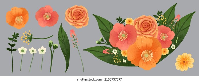 Large Botanical set of wild flowers. Set of Separate parts and bring together to beautiful bouquet of flowers in water colors style on white background, flat vector illustration