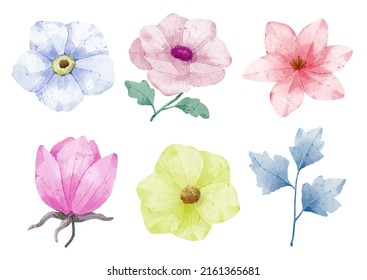 Grosser botanischer Blumenbestand. Set von getrennten Teilen und bringen Sie zu einem schönen Blumenstrauß in Aquarellfarben auf weißem Hintergrund, flache Vektorgrafik