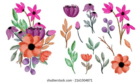 Large Botanical set of wild flowers. Set of Separate parts and bring together to beautiful bouquet of flowers in water colors style on white background, flat vector illustration