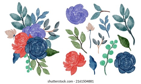 Gran conjunto botánico de flores silvestres. Conjunto de partes separadas y juntar a un hermoso ramo de flores en color agua estilo sobre fondo blanco, ilustración vectorial plana