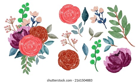 Grosser botanischer Blumenbestand. Set von getrennten Teilen und bringen Sie zu einem schönen Blumenstrauß in Aquarellfarben auf weißem Hintergrund, flache Vektorgrafik