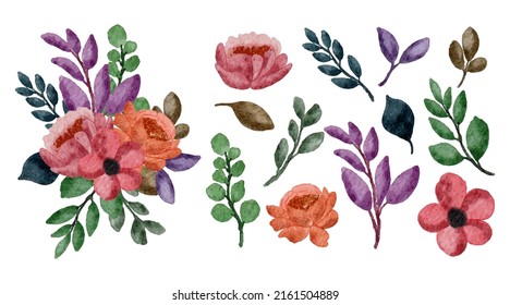 Grosser botanischer Blumenbestand. Set von getrennten Teilen und bringen Sie zu einem schönen Blumenstrauß in Aquarellfarben auf weißem Hintergrund, flache Vektorgrafik