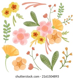 Gran conjunto botánico de flores silvestres. Conjunto de partes separadas y juntar a un hermoso ramo de flores en color agua estilo sobre fondo blanco, ilustración vectorial plana