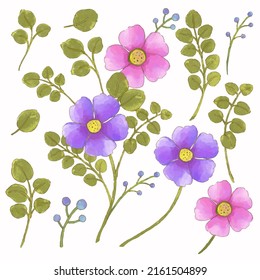 Large Botanical set of wild flowers. Set of Separate parts and bring together to beautiful bouquet of flowers in water colors style on white background, flat vector illustration