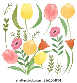 Large Botanical set of wild flowers. Set of Separate parts and bring together to beautiful bouquet of flowers in water colors style on white background, flat vector illustration