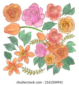 Grosser botanischer Blumenbestand. Set von getrennten Teilen und bringen Sie zu einem schönen Blumenstrauß in Aquarellfarben auf weißem Hintergrund, flache Vektorgrafik