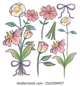 Large Botanical set of wild flowers. Set of Separate parts and bring together to beautiful bouquet of flowers in water colors style on white background, flat vector illustration