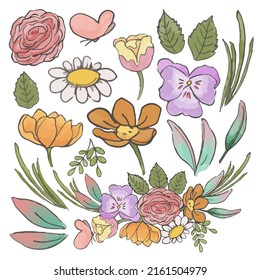 Large Botanical set of wild flowers. Set of Separate parts and bring together to beautiful bouquet of flowers in water colors style on white background, flat vector illustration