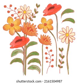 Large Botanical set of wild flowers. Set of Separate parts and bring together to beautiful bouquet of flowers in water colors style on white background, flat vector illustration