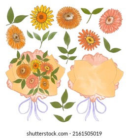 Gran conjunto botánico de flores silvestres. Conjunto de partes separadas y juntar a un hermoso ramo de flores en color agua estilo sobre fondo blanco, ilustración vectorial plana
