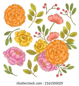 Gran conjunto botánico de flores silvestres. Conjunto de partes separadas y juntar a un hermoso ramo de flores en color agua estilo sobre fondo blanco, ilustración vectorial plana