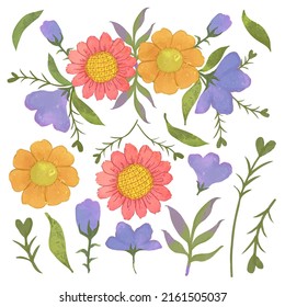 Large Botanical set of wild flowers. Set of Separate parts and bring together to beautiful bouquet of flowers in water colors style on white background, flat vector illustration