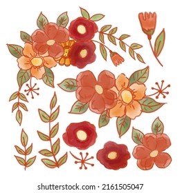 Grosser botanischer Blumenbestand. Set von getrennten Teilen und bringen Sie zu einem schönen Blumenstrauß in Aquarellfarben auf weißem Hintergrund, flache Vektorgrafik