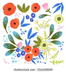 Grosser botanischer Blumenbestand. Set von getrennten Teilen und bringen Sie zu einem schönen Blumenstrauß in Aquarellfarben auf weißem Hintergrund, flache Vektorgrafik