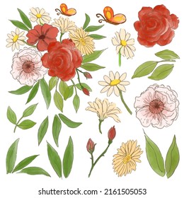 Large Botanical set of wild flowers. Set of Separate parts and bring together to beautiful bouquet of flowers in water colors style on white background, flat vector illustration