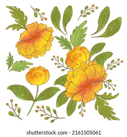 Large Botanical set of wild flowers. Set of Separate parts and bring together to beautiful bouquet of flowers in water colors style on white background, flat vector illustration