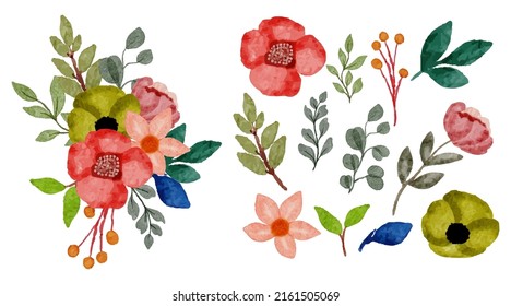 Large Botanical set of wild flowers. Set of Separate parts and bring together to beautiful bouquet of flowers in water colors style on white background, flat vector illustration