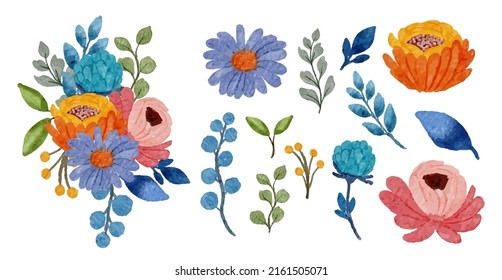 Large Botanical set of wild flowers. Set of Separate parts and bring together to beautiful bouquet of flowers in water colors style on white background, flat vector illustration