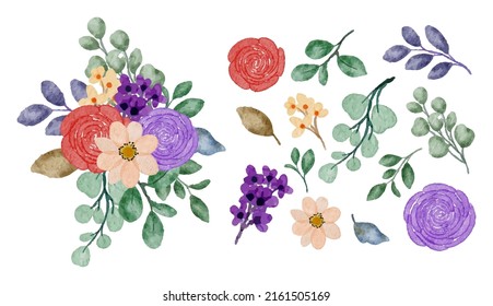 Large Botanical set of wild flowers. Set of Separate parts and bring together to beautiful bouquet of flowers in water colors style on white background, flat vector illustration