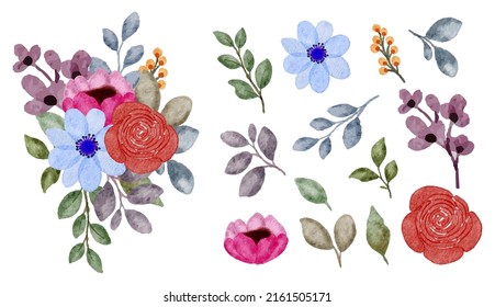 Large Botanical set of wild flowers. Set of Separate parts and bring together to beautiful bouquet of flowers in water colors style on white background, flat vector illustration