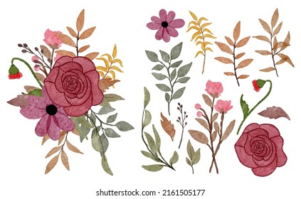 Grosser botanischer Blumenbestand. Set von getrennten Teilen und bringen Sie zu einem schönen Blumenstrauß in Aquarellfarben auf weißem Hintergrund, flache Vektorgrafik